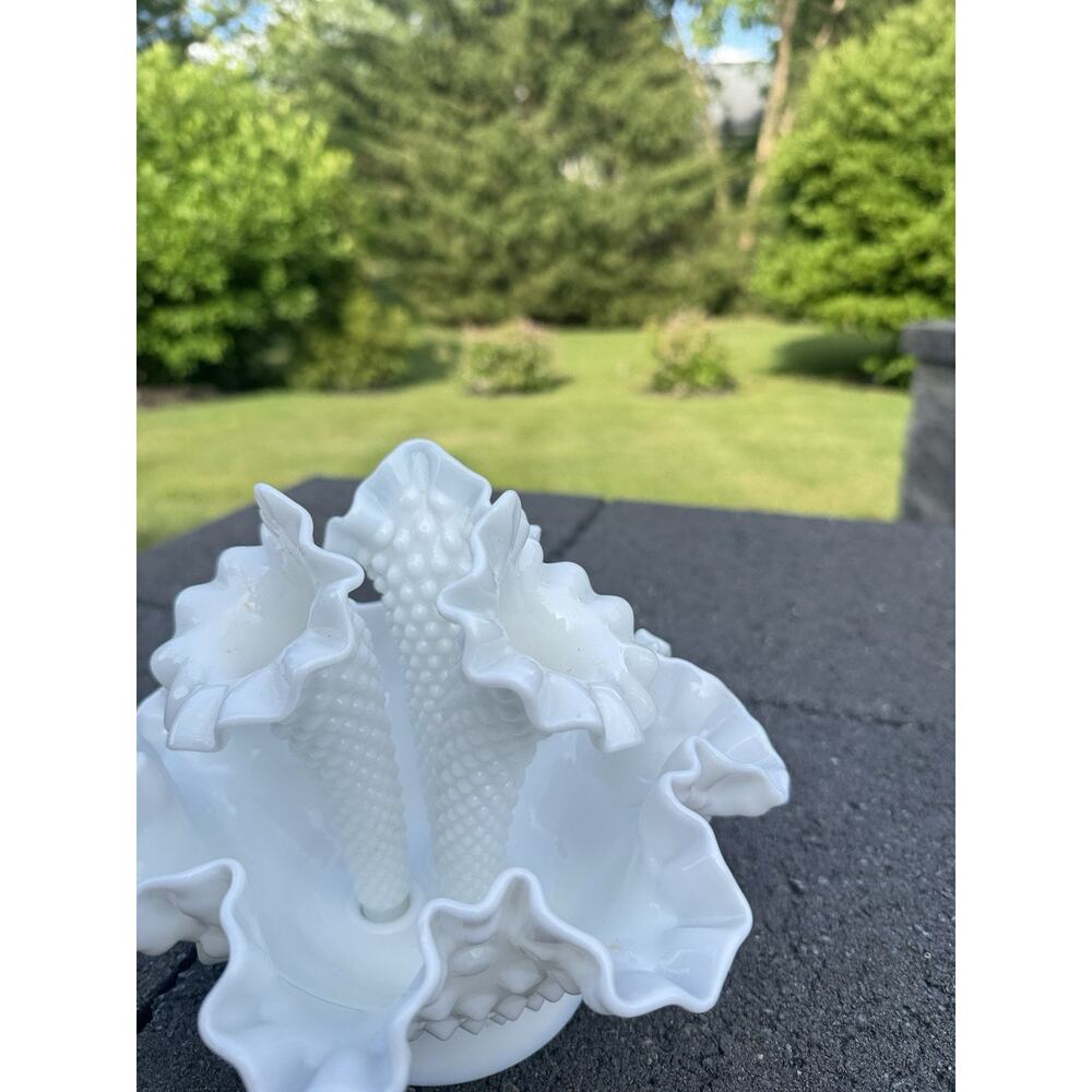 Vintage Fenton Hobnail Milk Glass Epergne Ruffled Bowl 3 Horned Vase - Picture 2 of 6
